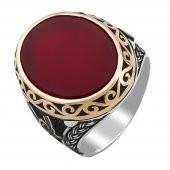 Bordo Akik Taşlı Tuğra Detaylı 925 Ayar Gümüş Yüzük thumbnail 3