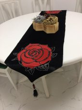 Finezza Runnervelvet Taşlı ve Gül Baskı Kadife Siyah Kırmızı Runner 40x160cm-391 thumbnail 1