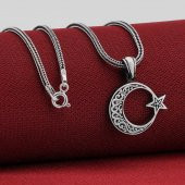 Ay Yıldız Tasarımlı Desenli 925 Ayar Gümüş Kolye - 1