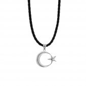 Deri İpli Çift Taraflı Ay Yıldız 925 Ayar Gümüş Kolye thumbnail 1