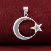 Deri İpli Çift Taraflı Ay Yıldız 925 Ayar Gümüş Kolye thumbnail 2