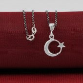 Çift Taraflı Ay Yıldız 925 Ayar Gümüş Kadın Kolye - 1