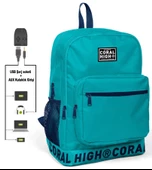 Coral High Logo Nakışlı Turkuaz Ortaokul, Lise ve Günlük Sırt Çantası(USB VE AUX SOKETLİ) - 1