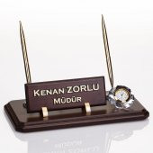 Çift Kalemli Ahşap Masa İsimliği Saatli Ofis Hediye Masa İsimlik - 1
