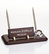 Çift Kalemli Ahşap Masa İsimliği Saatli Ofis Hediye Masa İsimlik - 5