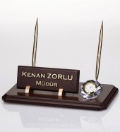 Çift Kalemli Ahşap Masa İsimliği Saatli Ofis Hediye Masa İsimlik - 6