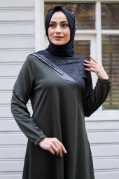 Deri Detaylı Tunik Pantolon İkili Tesettür Takım - Haki - 2