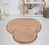 My Evilla Modern Dekoratif Halı Jel Kaymaz Taban Peluş Bej Saçaklı Oval Paspas Takımı 60x100 - 1
