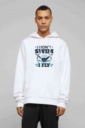 I Dont Swim I Fly Baskılı Beyaz Erkek Kapşonlu Sweatshirt - 1