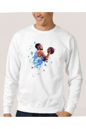 Basketbolcu Basket Baskılı Beyaz Erkek Sweatshirt - 1