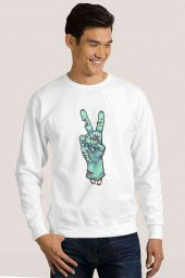 Zombie Peace Baskılı Beyaz Erkek Sweatshirt - 1