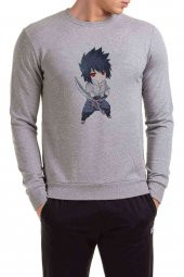 Anime Naruto Sasuke Chibi Uchiha Shippuden Baskılı Gri Erkek Sweatshirt - 1