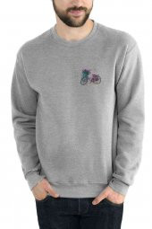 Bisiklet Sulu Boya Göğüs Baskılı Gri Erkek Sweatshirt - 1