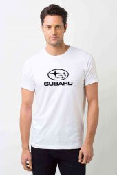 Araba Subaru Logo Baskılı Beyaz Erkek Tshirt - 1