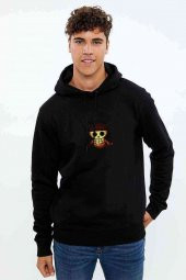 Straw Hat Pirate Flag Baskılı Siyah Erkek Kapşonlu Sweatshirt - 1