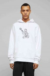 The Frog Gitarlı Kurbağa Kermit Baskılı Beyaz Erkek Kapşonlu Sweatshirt - 1