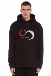 10 Kasım Silüet Turk Bayrağı Baskılı Siyah Erkek Kapşonlu Sweatshirt - 1