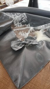 Finezza Gelin Lüx Krem Dantelli Monoray Kumaş Gri Masa Örtüsü 170x230 cm - 223 - 2