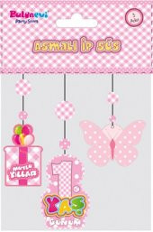 Parti 1 Yaş Temalı Asmalı İp Süs Pembe Renk 3 lü Set 12x45 cm - 1