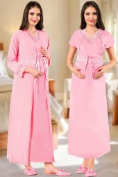 Pembe Renk Hayal Sepeti JNK-27763 Sabahlıklı 2 Parça Lohusa - Hamile Gecelik Takım - 1