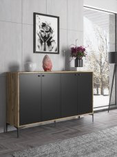 Woodn Love Hestia 4 Kapaklı Metal Ayaklı 160 Cm Çok Amaçlı Dolap Konsol - Atlantik Çam - Siyah / Siyah - 1
