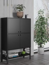 Woodn Love Lina Premium Desenli Metal Ayaklı Dolaplı Vitrin - Konsol - Siyah / Siyah - 1