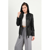 Sansa Kapüşonlu Siyah Hakiki Deri Ceket Kadın - 1