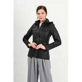 Sansa Kapüşonlu Siyah Hakiki Deri Ceket Kadın - 4