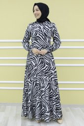 Zebra Desenli Tesettür Elbise - 1
