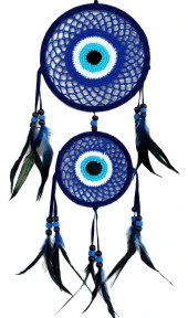 Lacivert Nazar Boncuk Desenli Düş Kapanı Kuş Tüylü Ahşap Boncuklu Dream Catcher Duvar Süsü thumbnail 2