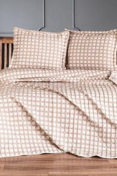 Çeyiz Diyarı Çift Kişilik Ekose Çift Taraflı Yatak Örtüsü Takımı Bej thumbnail 3