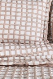 Çeyiz Diyarı Çift Kişilik Ekose Çift Taraflı Yatak Örtüsü Takımı Bej thumbnail 4