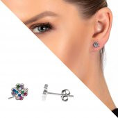 Nipora Multicolor Zirkon Taşlı Yonca Yaprağı Tasarım 925 Ayar Gümüş Kadın Küpe - 2