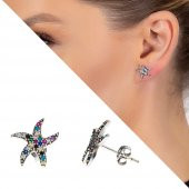 Nipora Multicolor Zirkon Taşlı Deniz Yıldızı Tasarım 925 Ayar Gümüş Kadın Küpe - 2
