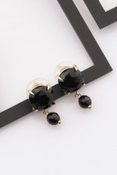 Oniks Doğal Taş Gold Renkli Küpe - 1