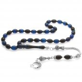 Nipora Ayyıldız Kararmaz Metal Püsküllü Arpa Kesim Mavi-Siyah Sıkma Kehribar Tesbih thumbnail 1