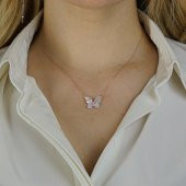 Sedef Taşlı Kelebek Tasarımlı 925 Ayar Gümüş Kadın Kolye Rose thumbnail 2