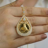 Altın Kaplama Tuğralı Damla Model 925 Ayar Gümüş Kadın Kolye 60 CM thumbnail 1