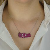 Şanlı Ay Yıldız Tasarımlı Türkiye Haritalı 925 Ayar Gümüş Kadın Kolye thumbnail 2