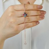 Dört Yapraklı Yonca Tasarımlı Kalp Detaylı Renkli Zirkon Taşlı 925 Ayar Gümüş Kadın Bileklik Rose thumbnail 2