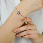 Dört Yapraklı Yonca Tasarımlı Kalp Detaylı Renkli Zirkon Taşlı 925 Ayar Gümüş Kadın Bileklik Rose thumbnail 4