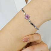 Kırmızı Çiçek Tasarımlı 925 Ayar Gümüş Kadın Bileklik thumbnail 1