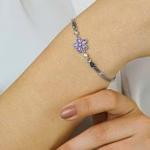 Mor Ametist Renkli Çiçek Tasarımlı 925 ayar Gümüş Bileklik thumbnail 1