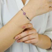 Kırmızı Çiçek Tasarımlı 925 Ayar Gümüş Kadın Bileklik thumbnail 3