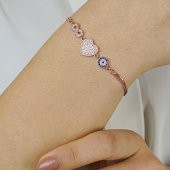 Sonsuzluk Kalp Nazar Tasarımlı Rose Renk 925 Ayar Gümüş Kadın Bileklik - 1