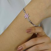 Pembe Lotus Çiçeği Tasarımlı 925 Ayar Gümüş Kadın Bileklik - 1