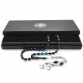 Nipora Kararmaz Metal Ayyıldız Püsküllü Arpa Kesim Mavi-Siyah Sıkma Kehribar Tesbih thumbnail 2