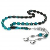 Nipora Kararmaz Metal Ayyıldız Püsküllü Arpa Kesim Süzme Turkuaz-Siyah Ateş Kehribar Tesbih thumbnail 4