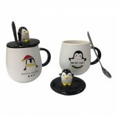Penguen Tasarımlı Seramik Kapaklı Metal Kaşıklı Kupa Bardak - 1