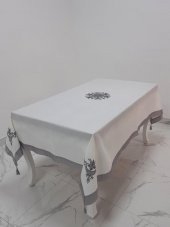 Finezza İrem Gri Nakışlı Keten Kumaş Krem Masa Örtüsü 160*220 Cm - 989 - 1